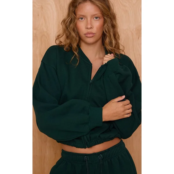 Vert Sapin Sweat-shirt Court Zippé Avec Cordon De Serrage À La Taille