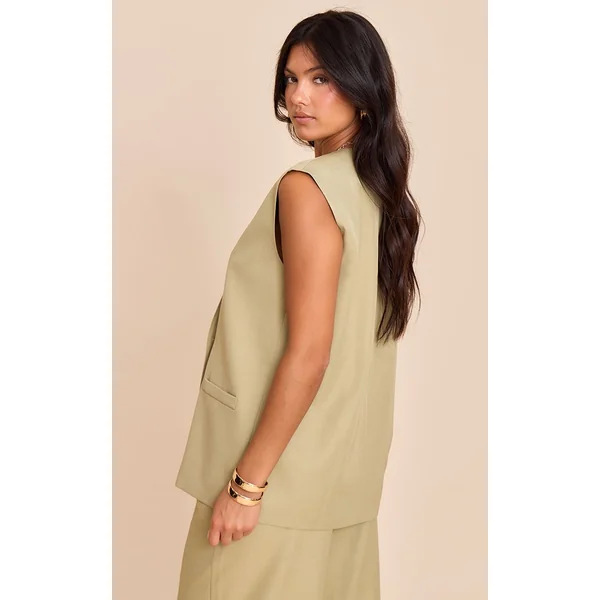 Vert Sauge Kaki Ensemble Coordonné Gilet Sans Col Tissé Surdimensionné À Épaulettes