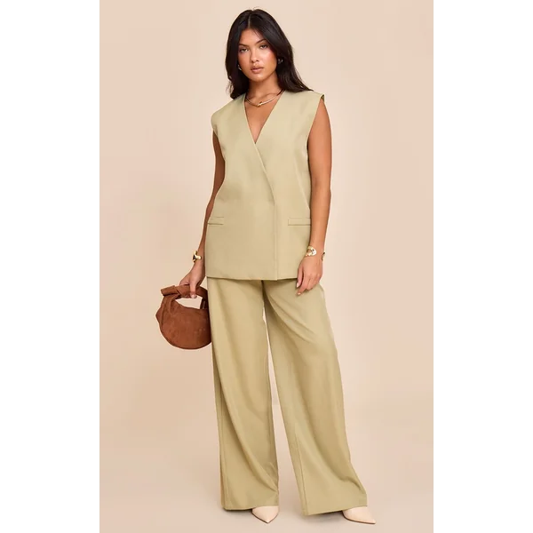 Vert Sauge Kaki Ensemble Coordonné Gilet Sans Col Tissé Surdimensionné À Épaulettes