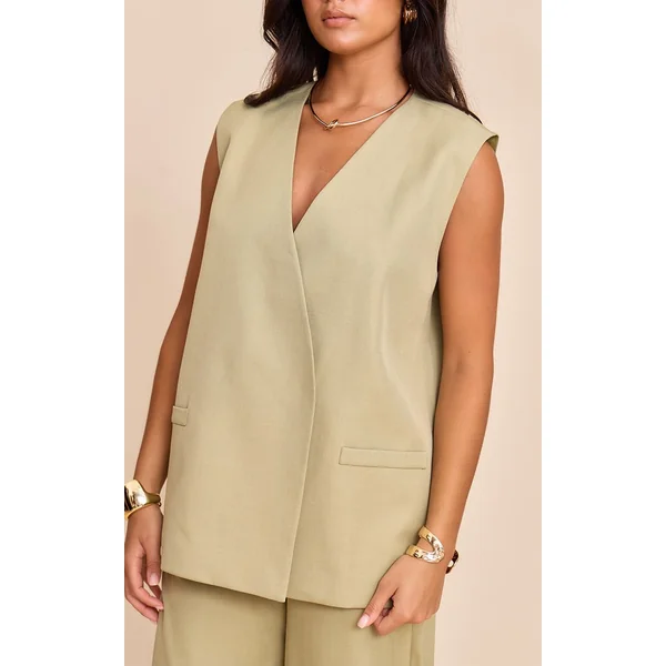 Vert Sauge Kaki Ensemble Coordonné Gilet Sans Col Tissé Surdimensionné À Épaulettes