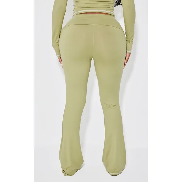 Vert Sauge Pantalon Évasé Taille Haute Sculptant Avec Coutures Contrastées