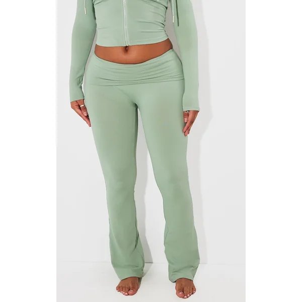 Vert Sauge Pantalon Évasé Taille Haute Sculptant À Rabat Shape Stretch