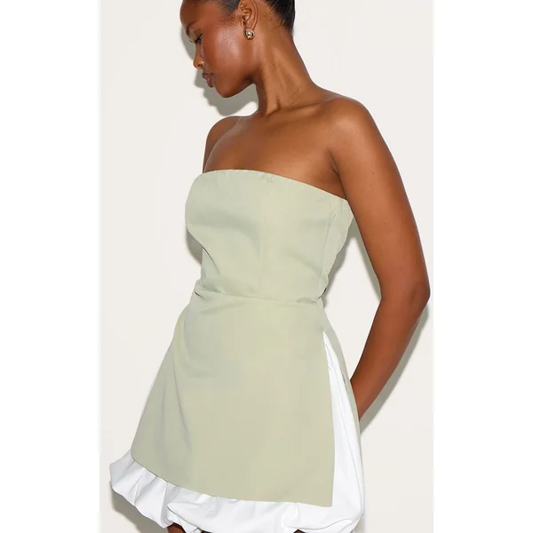 Vert Sauge Robe Droite Bustier Cintrée À Ourlet Bouffant