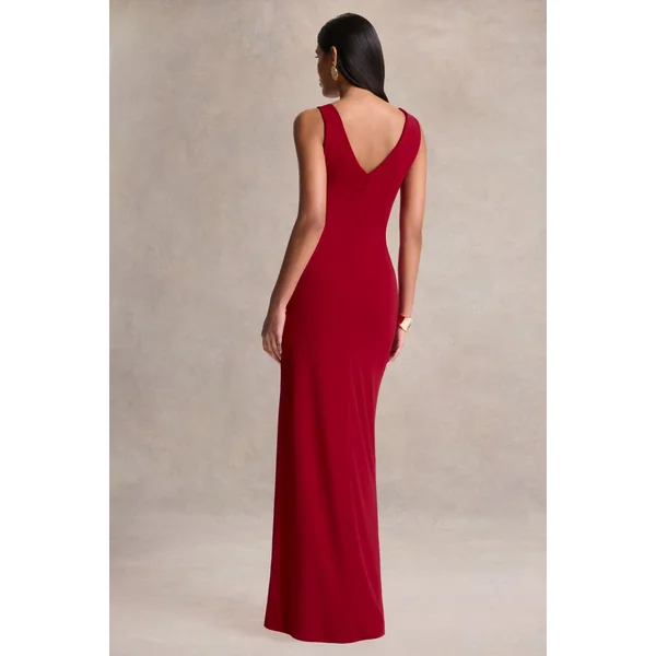 Vesperelle | Robe longue rouge à encolure arrondie avec détails froncés