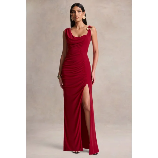 Vesperelle | Robe longue rouge à encolure arrondie avec détails froncés