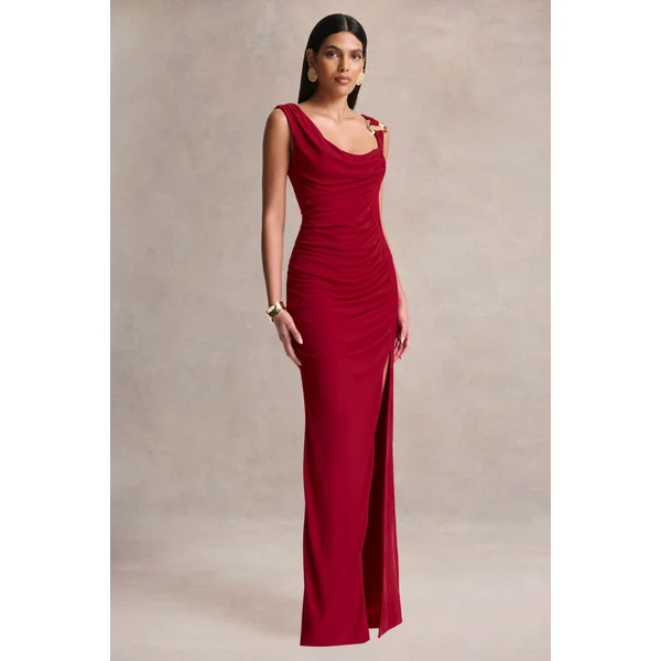 Vesperelle | Robe longue rouge à encolure arrondie avec détails froncés