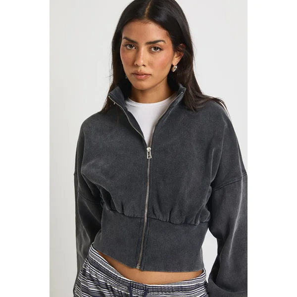 Veste Délavée Col Montant Taille Cintrée avec Fermeture Éclair