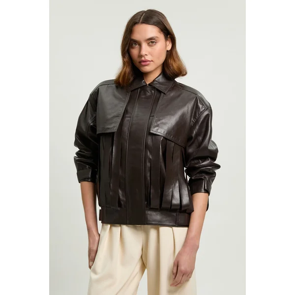 Veste À Col Avec Franges En Cuir