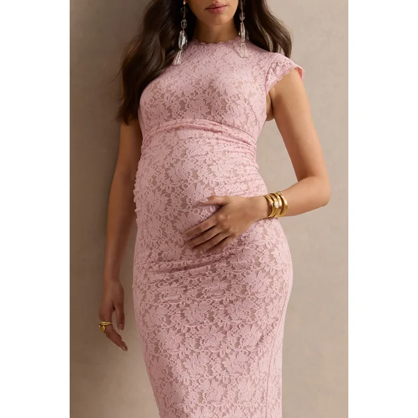 Vianne | Robe de grossesse mi-longue en dentelle rose à encolure ronde