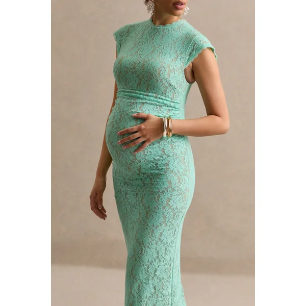 Vianne | Robe mi-longue de maternité en dentelle menthe à col rond