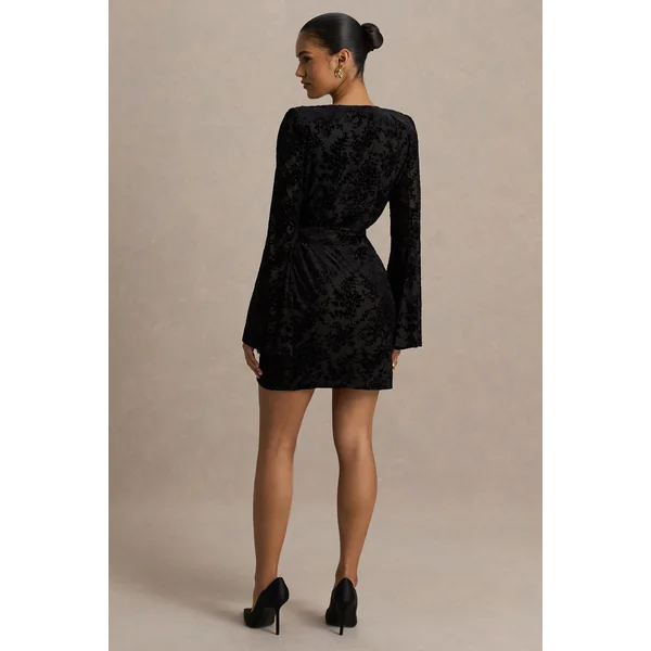 Vicenta | Mini-robe portefeuille en velours dévoré noir à décolleté plongeant