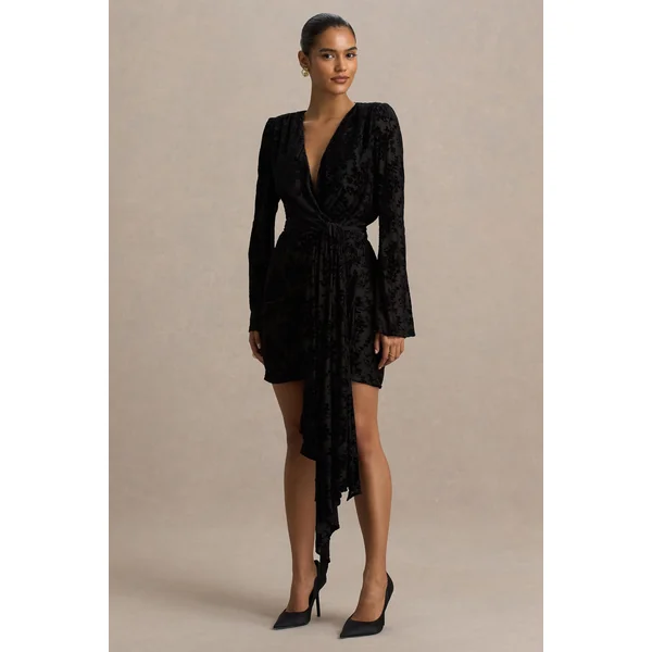 Vicenta | Mini-robe portefeuille en velours dévoré noir à décolleté plongeant