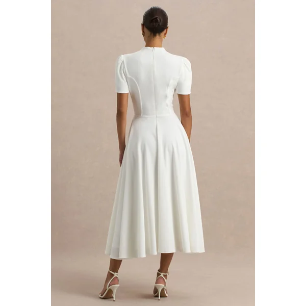 Vicky | Robe mi-longue blanche à col haut avec manches bouffantes
