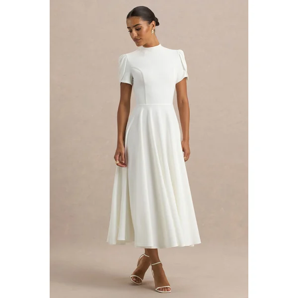Vicky | Robe mi-longue blanche à col haut avec manches bouffantes