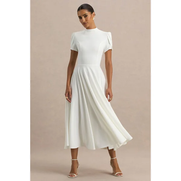 Vicky | Robe mi-longue blanche à col haut avec manches bouffantes