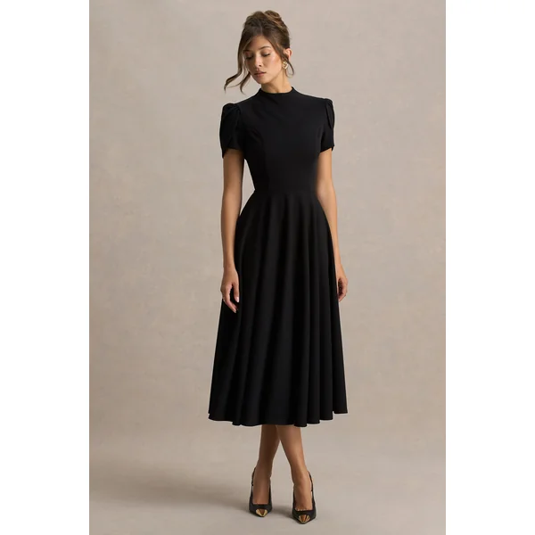 Vicky | Robe mi-longue noire à col montant et manches bouffantes