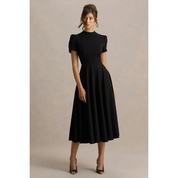 Vicky | Robe mi-longue noire à col montant et manches bouffantes
