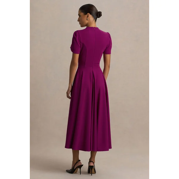 Vicky | Robe Mi-Longue Prune À Col Montant Et Manches Bouffantes