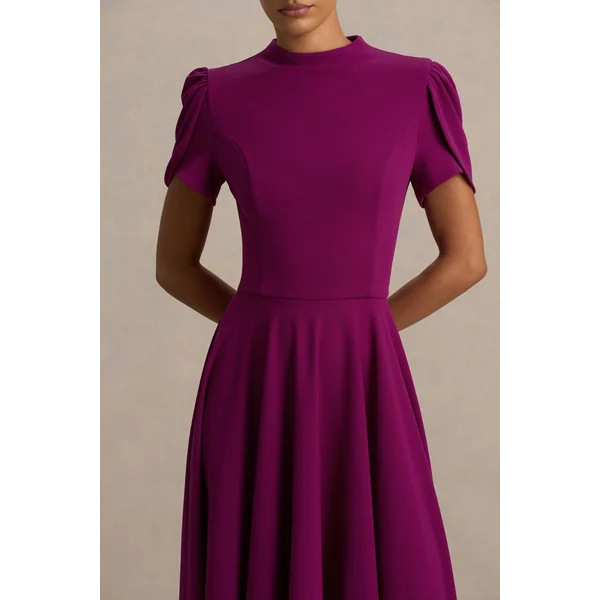 Vicky | Robe Mi-Longue Prune À Col Montant Et Manches Bouffantes