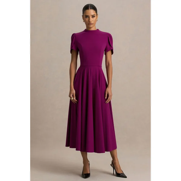 Vicky | Robe Mi-Longue Prune À Col Montant Et Manches Bouffantes