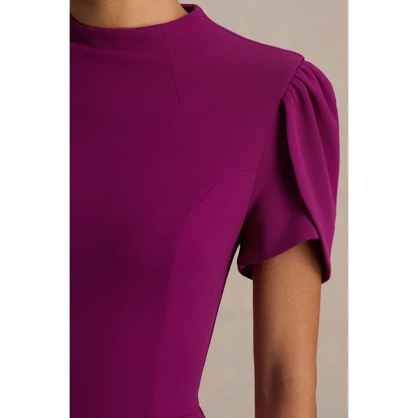 Vicky | Robe Mi-Longue Prune À Col Montant Et Manches Bouffantes