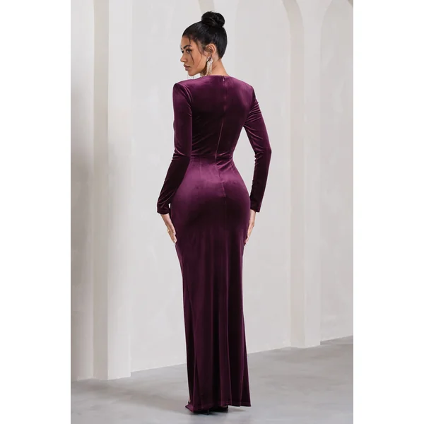 Vin Chaud | Robe longue en velours violet à manches longues et fente sur le côté