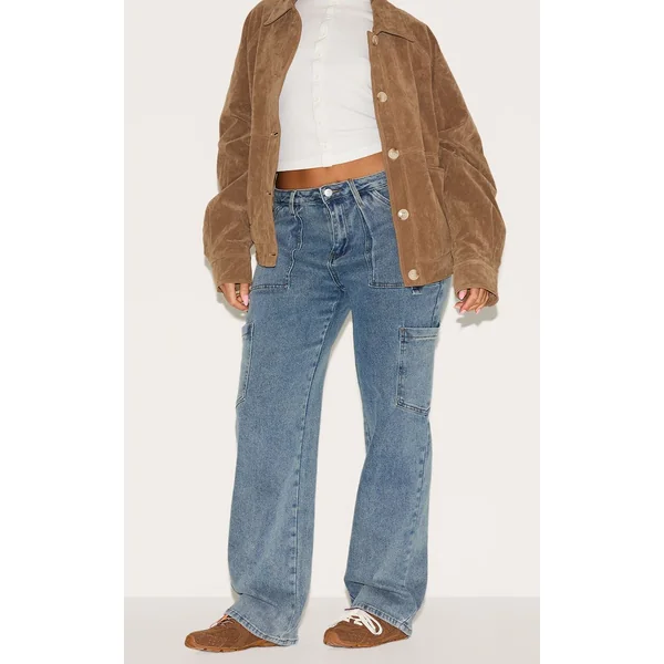 Vintage Délavé Jean Cargo Taille Haute Coupe Large Sculptant