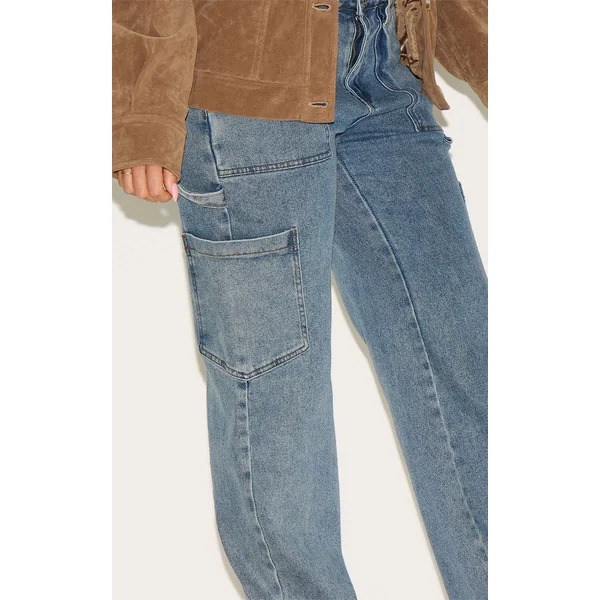 Vintage Délavé Jean Cargo Taille Haute Coupe Large Sculptant