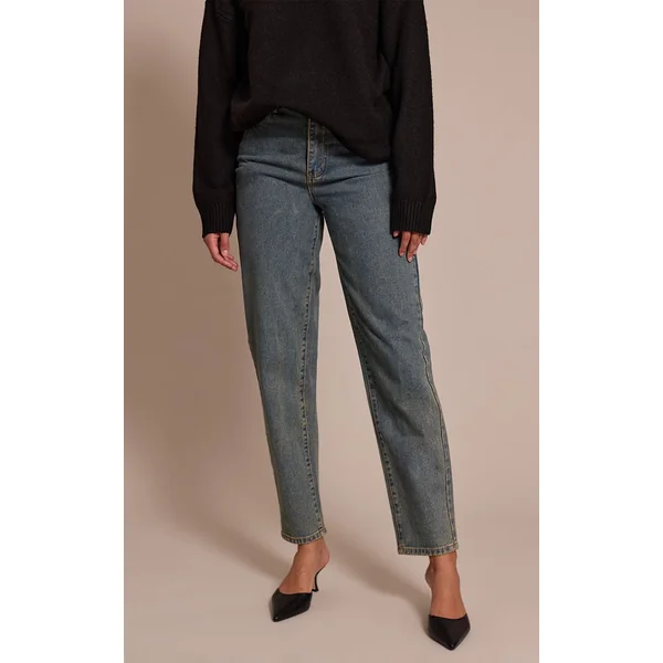 Vintage Délavé Jean Mom Taille Haute Coupe Longue