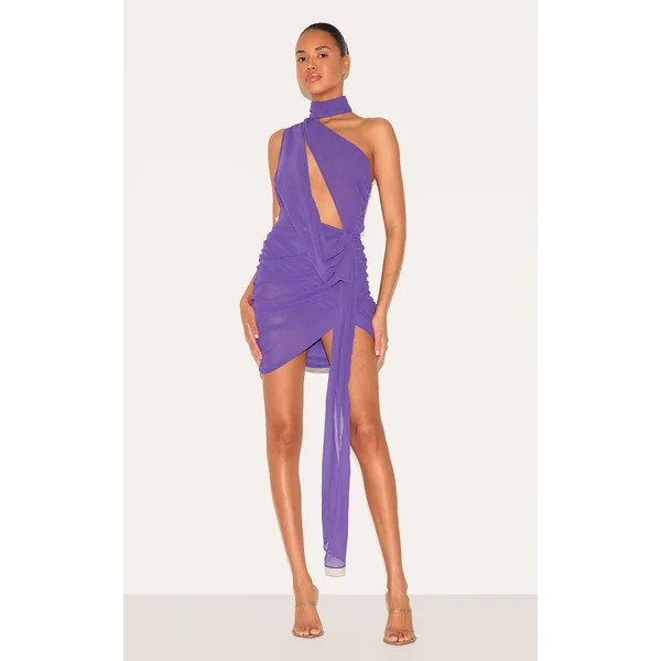 Violet Robe Moulante Drapée Asymétrique En Mousseline Transparente Avec Détails Froncés
