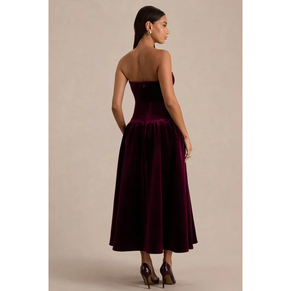 Violetta | Robe mi-longue bordeaux à encolure carrée avec taille basse et jupe plissée