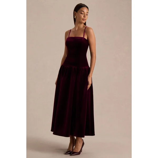 Violetta | Robe mi-longue bordeaux à encolure carrée avec taille basse et jupe plissée