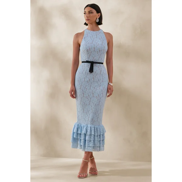 Vionna | Robe mi-longue en dentelle bleue à col montant avec détail de ceinture à nœud