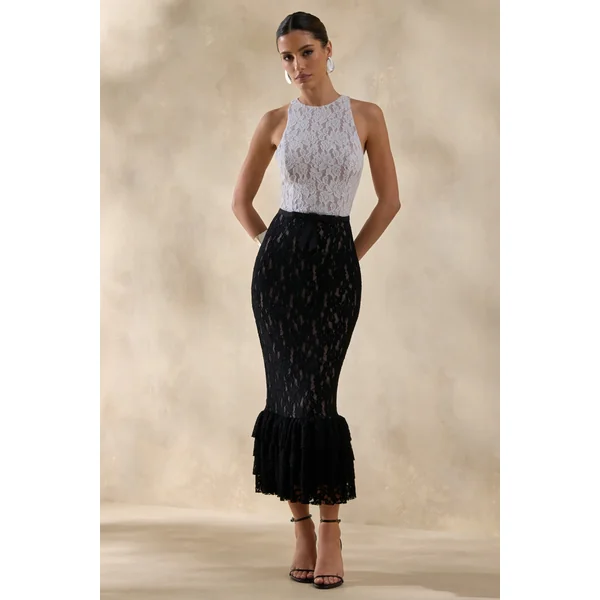 Vionna | Robe mi-longue noire et blanche en dentelle à col haut avec détail ceinture à nœud