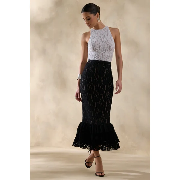 Vionna | Robe mi-longue noire et blanche en dentelle à col haut avec détail ceinture à nœud