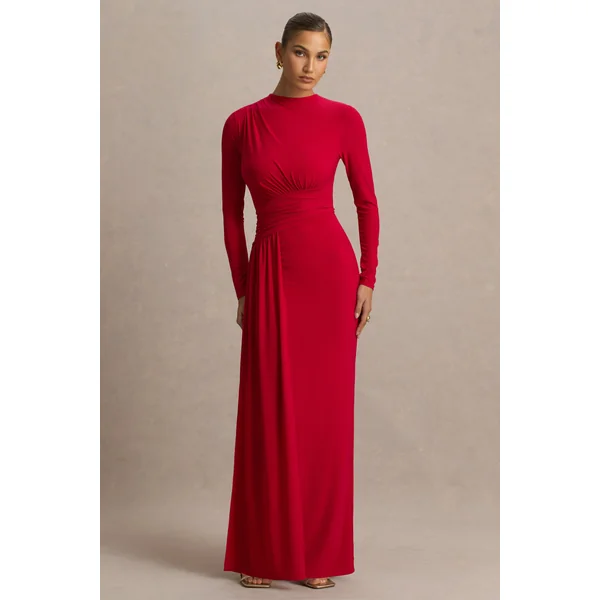 Virelle | Robe longue rouge à encolure bateau avec taille tombante