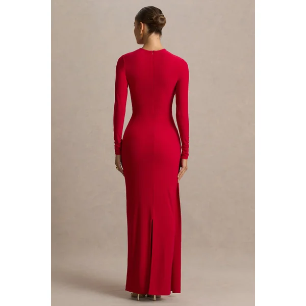 Virelle | Robe longue rouge à encolure bateau avec taille tombante