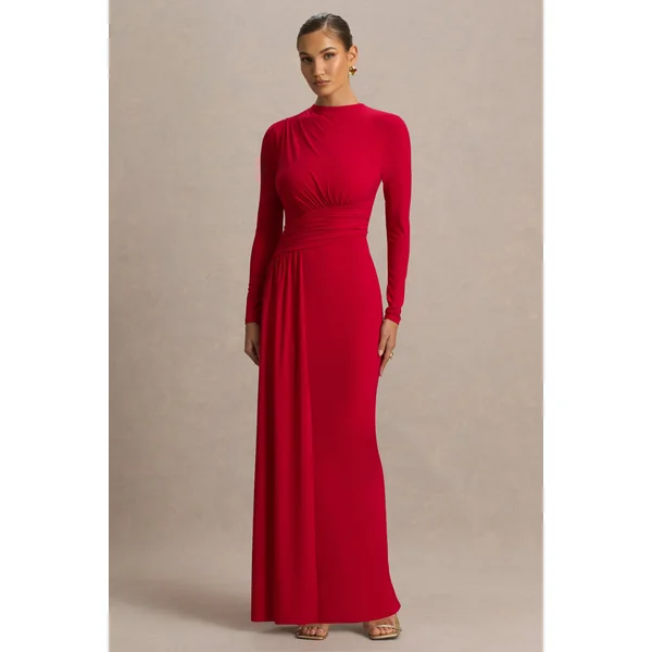 Virelle | Robe longue rouge à encolure bateau avec taille tombante