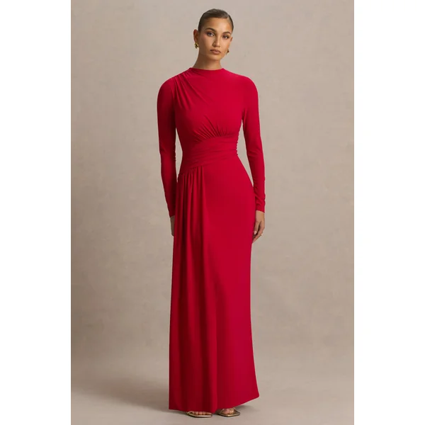 Virelle | Robe longue rouge à encolure bateau avec taille tombante