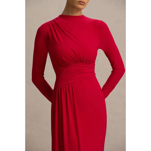 Virelle | Robe longue rouge à encolure bateau avec taille tombante