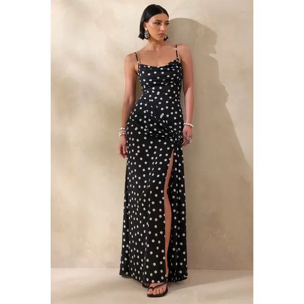 Virtue | Robe longue queue de poisson à pois noir et blanc en mousseline transparente avec décolleté bénitier et fente frontale