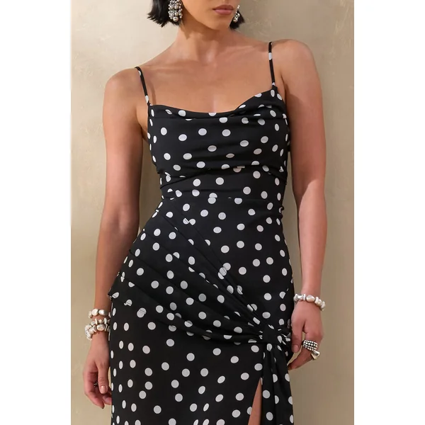 Virtue | Robe longue queue de poisson à pois noir et blanc en mousseline transparente avec décolleté bénitier et fente frontale