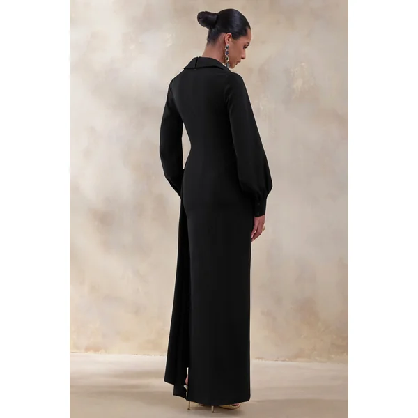 Vita | Robe longue noire portefeuille à décolleté plongeant