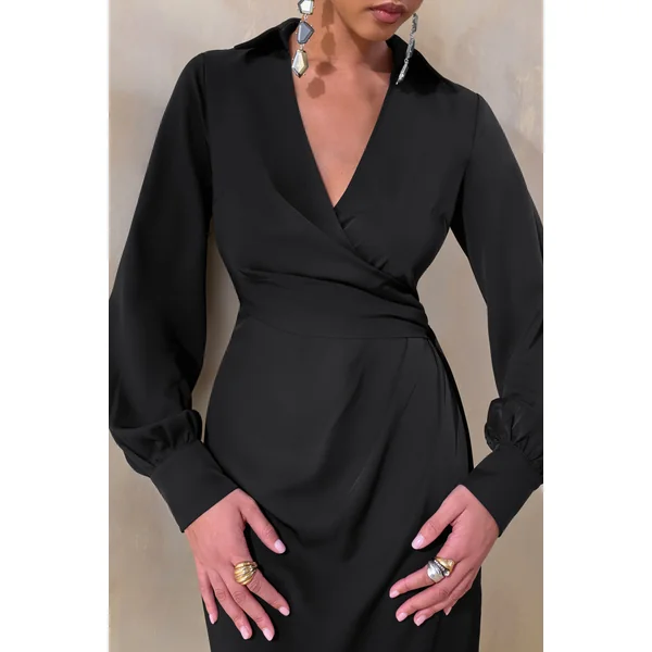 Vita | Robe longue noire portefeuille à décolleté plongeant