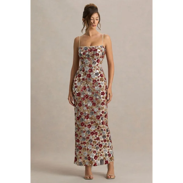 Vitora | Robe longue rouge à fleurs ornée de sequins et à encolure carrée