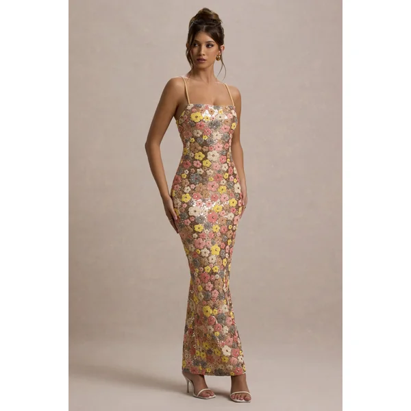 Vitora | Robe longue à encolure carrée à sequins et imprimé floral pastel