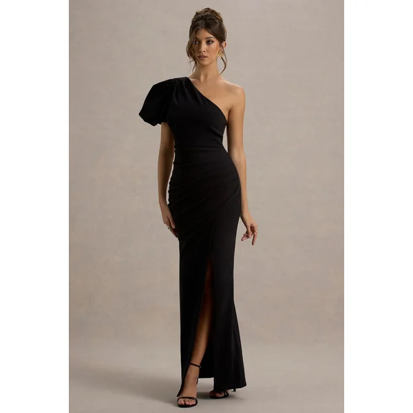 Vittoria | Robe longue noire asymétrique à manche bouffante et fente