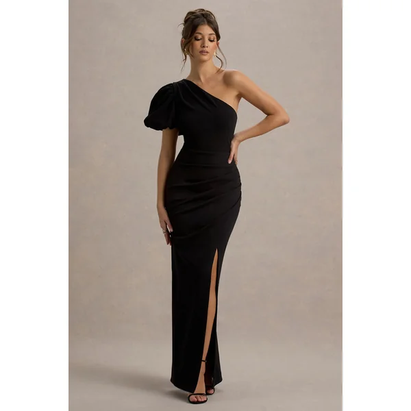 Vittoria | Robe longue noire asymétrique à manche bouffante et fente