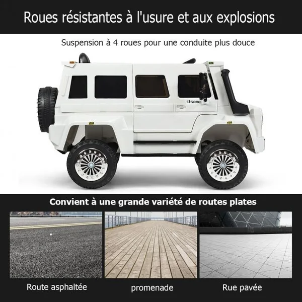 Voiture Electrique pour Enfants avec Télécommande 2,4G 3 Vitesses Lumières LED MP3 Klaxon Blanc