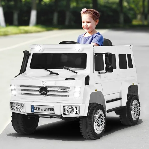 Voiture Electrique pour Enfants avec Télécommande 2,4G 3 Vitesses Lumières LED MP3 Klaxon Blanc